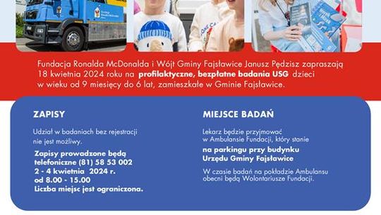 „NIE nowotworom u dzieci” Fundacji Ronalda McDonalda. Bezpłatne badania USG dzieci w Fajsławicach.