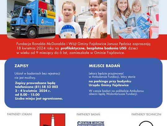 „NIE nowotworom u dzieci” Fundacji Ronalda McDonalda. Bezpłatne badania USG dzieci w Fajsławicach.